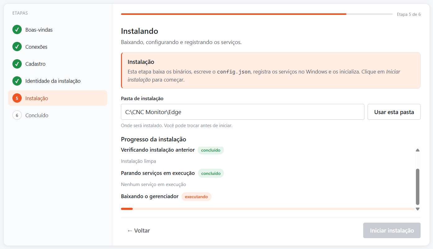 Progresso da instalação — instalador do CNC Monitor 3.0