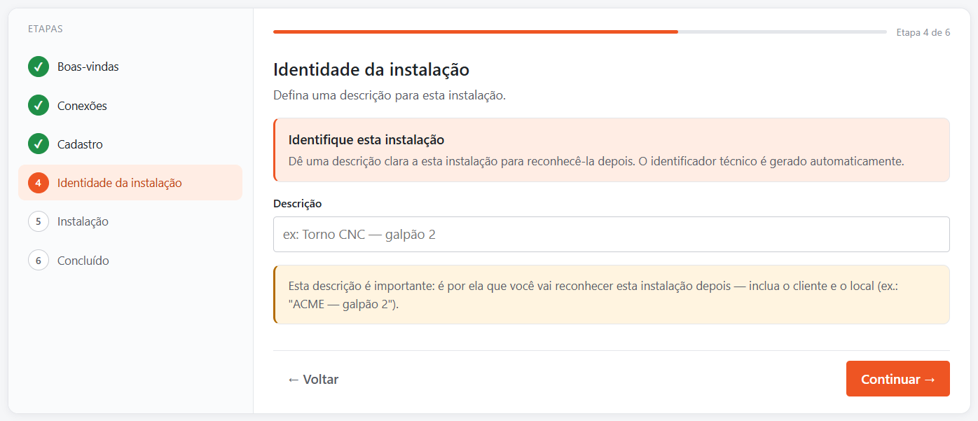 Identidade da instalação — instalador do CNC Monitor 3.0