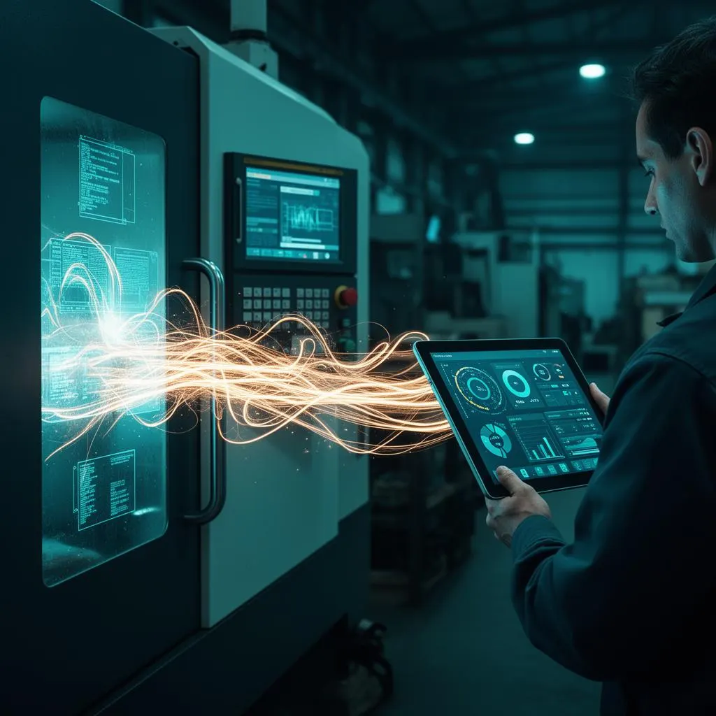Comando CNC enviando dados para um dashboard em tablet