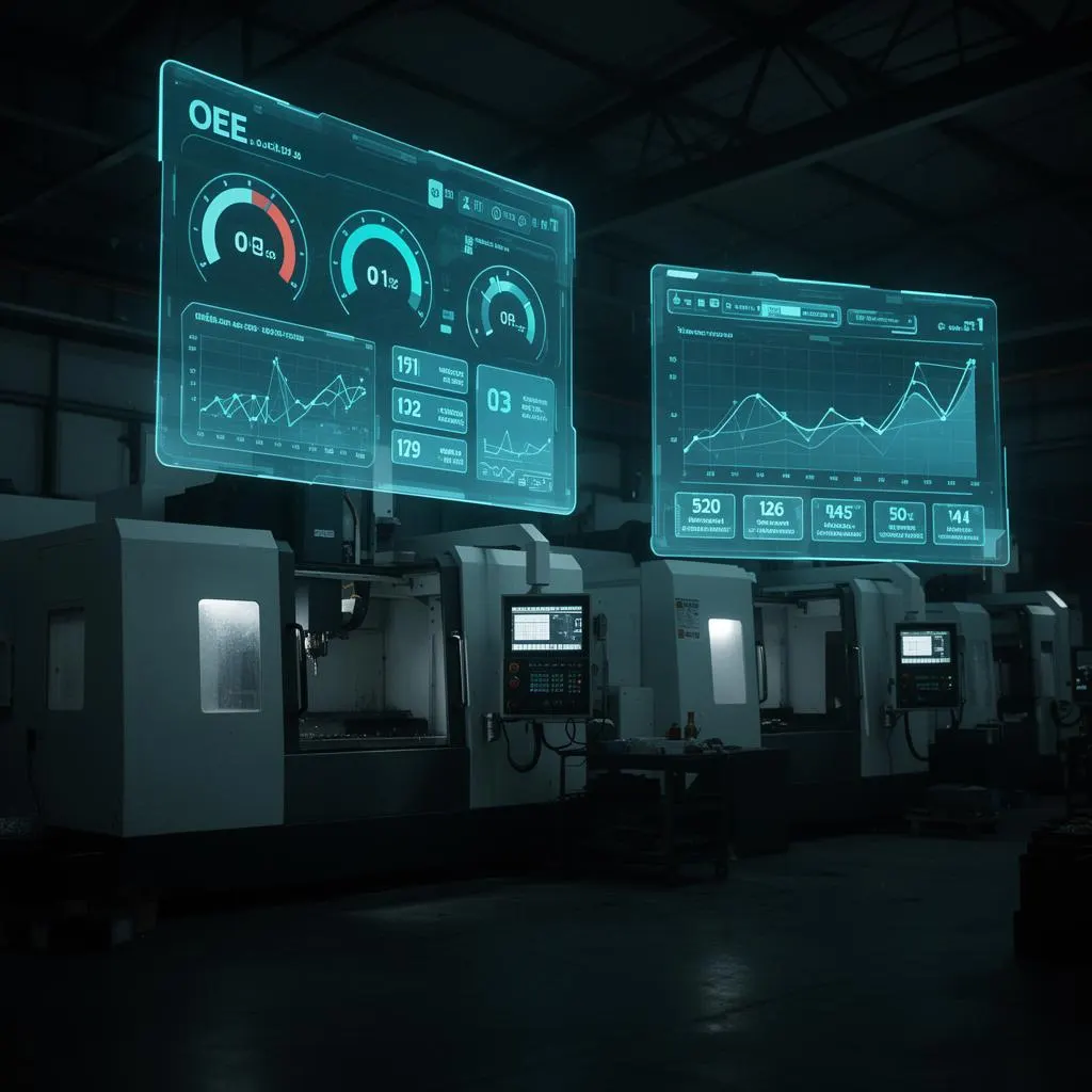 Dashboards do CNC Monitor sobrepostos a máquinas CNC